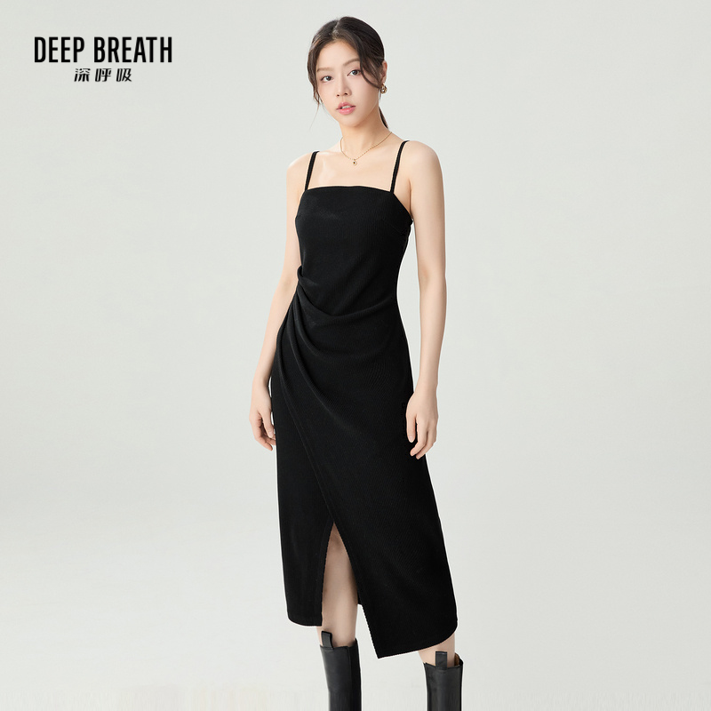 DEEP BREATH深呼吸女装 吊带收腰下摆开叉长款连衣裙A500426