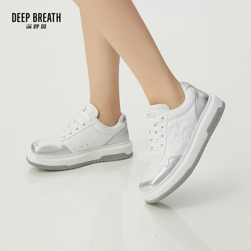 DEEP BREATH深呼吸女鞋 时尚斜方头牛皮小白鞋低帮绑带休闲板鞋AX12258