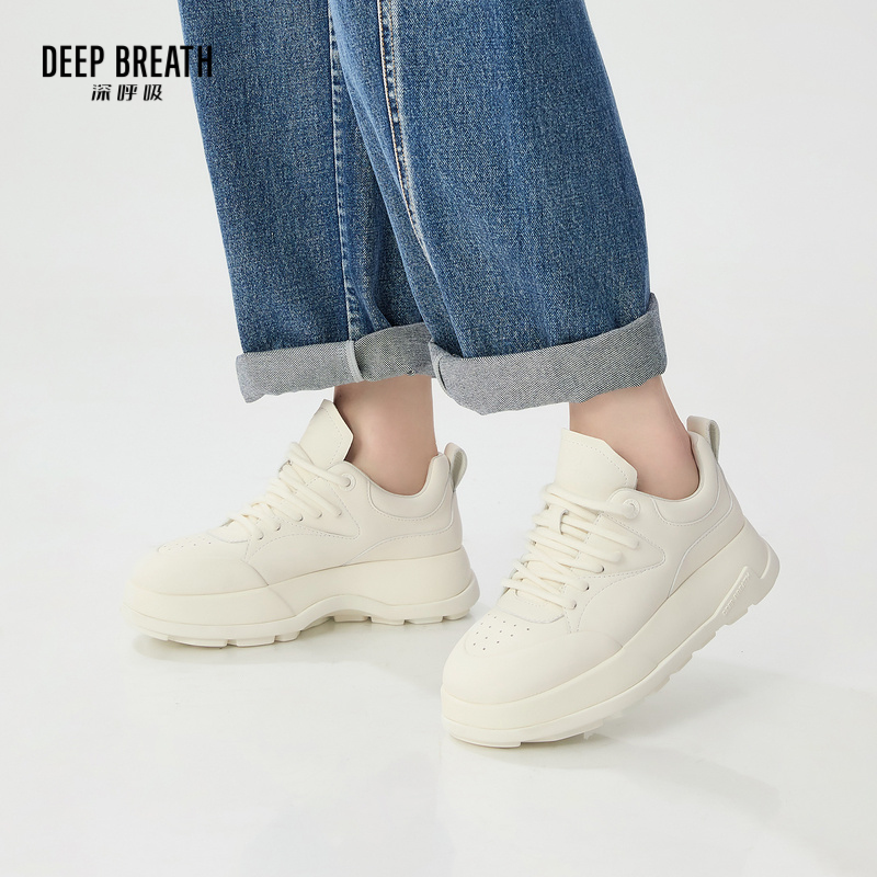 DEEP BREATH深呼吸女鞋 厚底低帮绑带圆头大白板鞋休闲鞋小白鞋AX12289