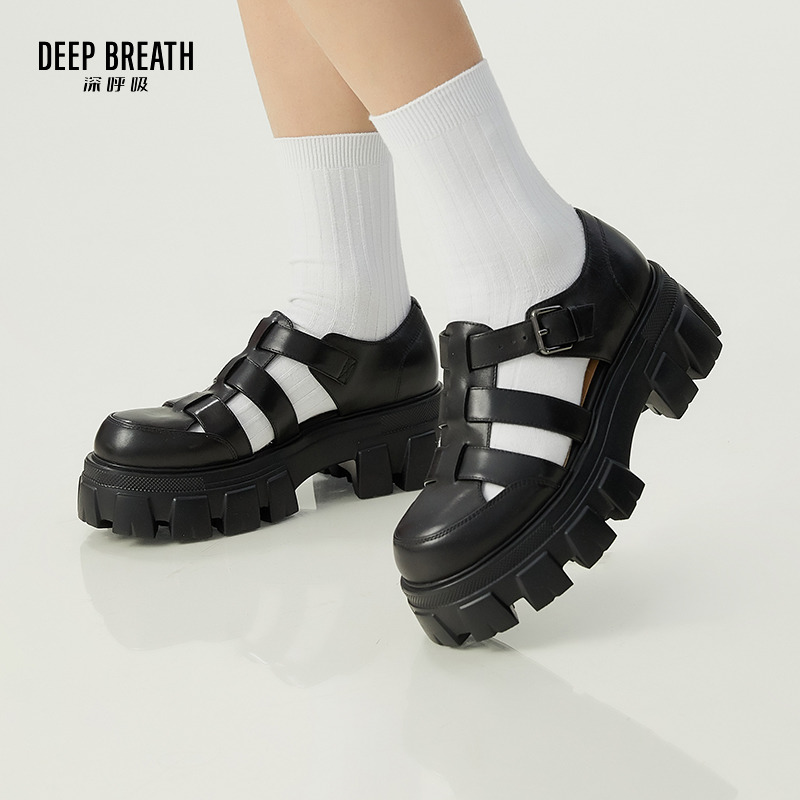 DEEP BREATH深呼吸女鞋 罗马编织凉鞋真皮包头松糕厚底单鞋镂空高妹鸟笼鞋AX13091