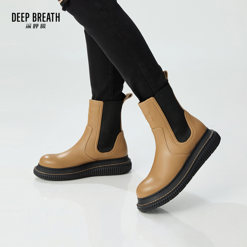 DEEP BREATH深呼吸女鞋 新款牛皮休闲厚底一脚蹬小花中帮切尔西靴AX15223