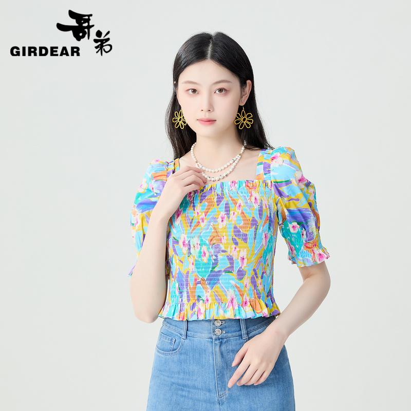 哥弟  夏季印花打揽荷叶边方领短款上衣1300995