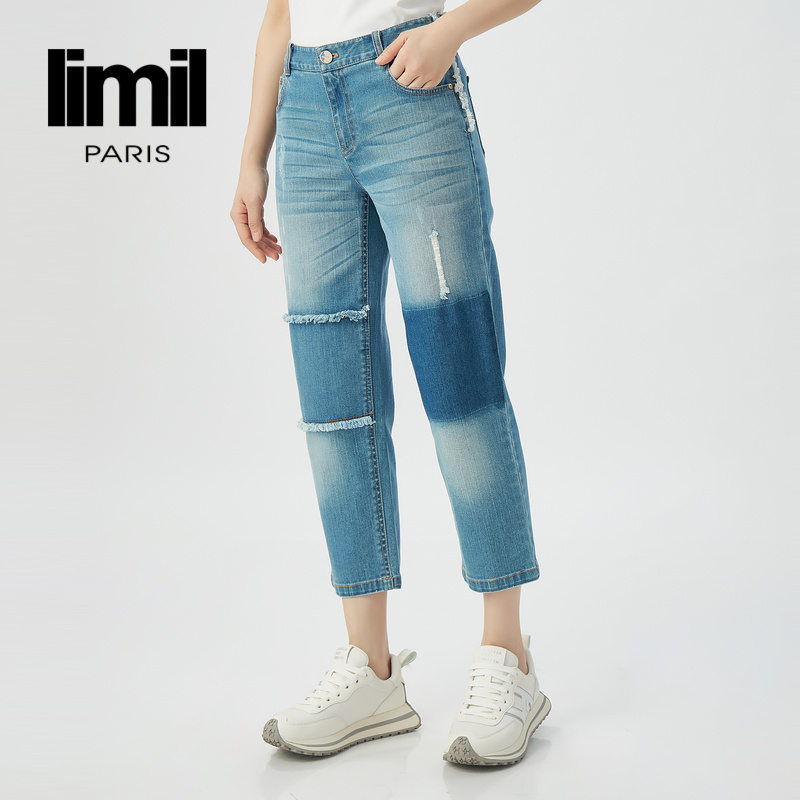 丽米儿limil 水洗做旧拼接复古丹宁牛仔九分裤9100025