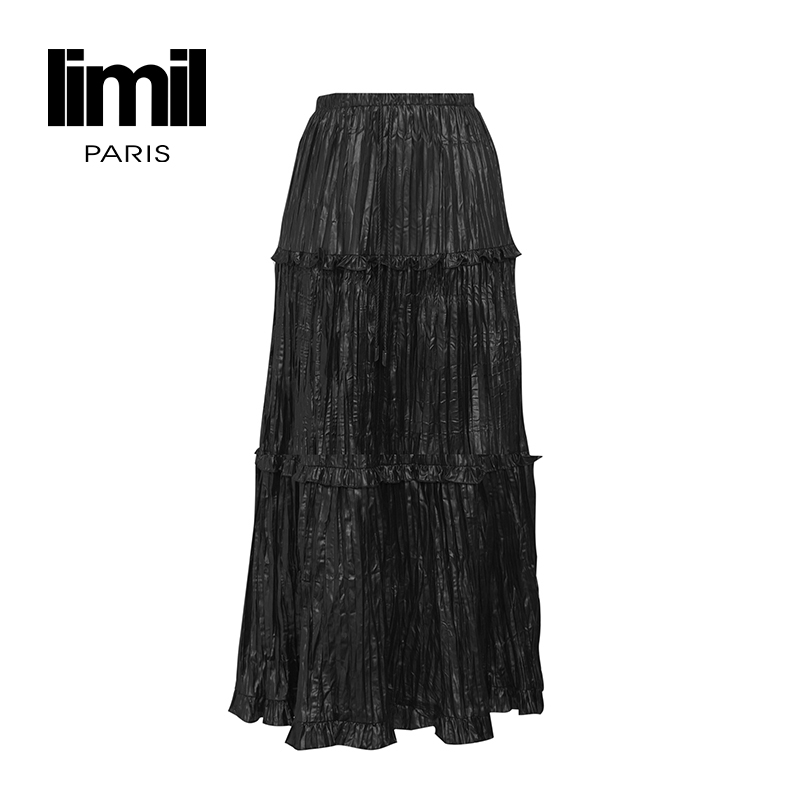 丽米儿limil 简约优雅质感涂层乱褶长裙9200074