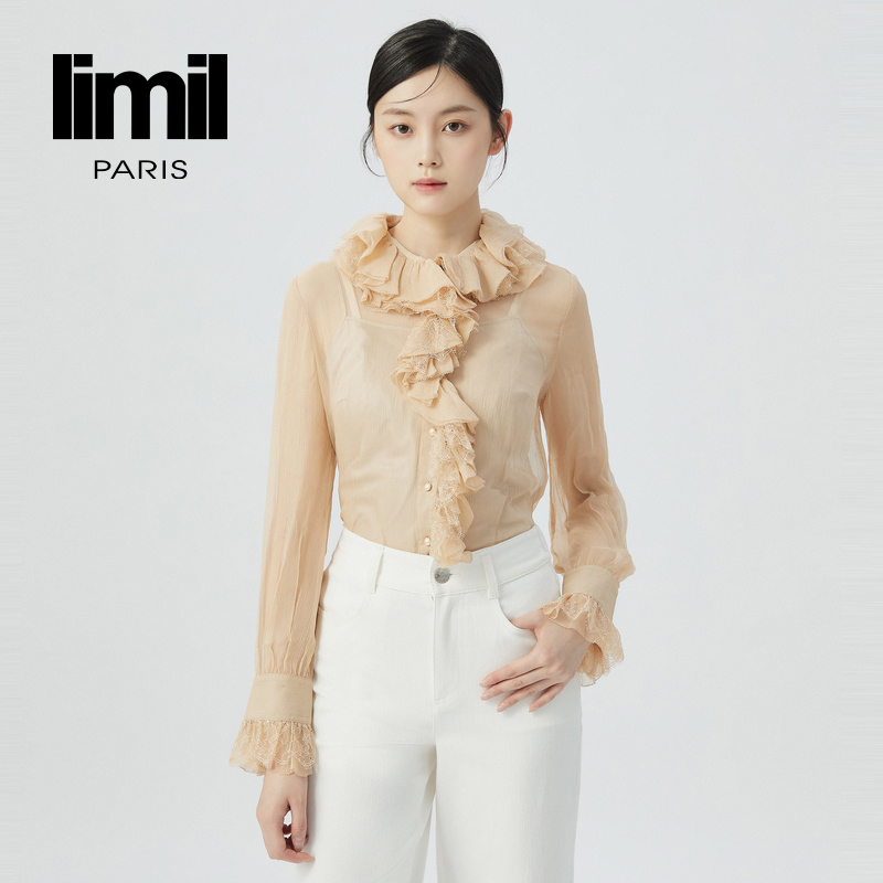 丽米儿limil 丝质通透感花瓣领蕾丝浪漫衬衫两件套9300035