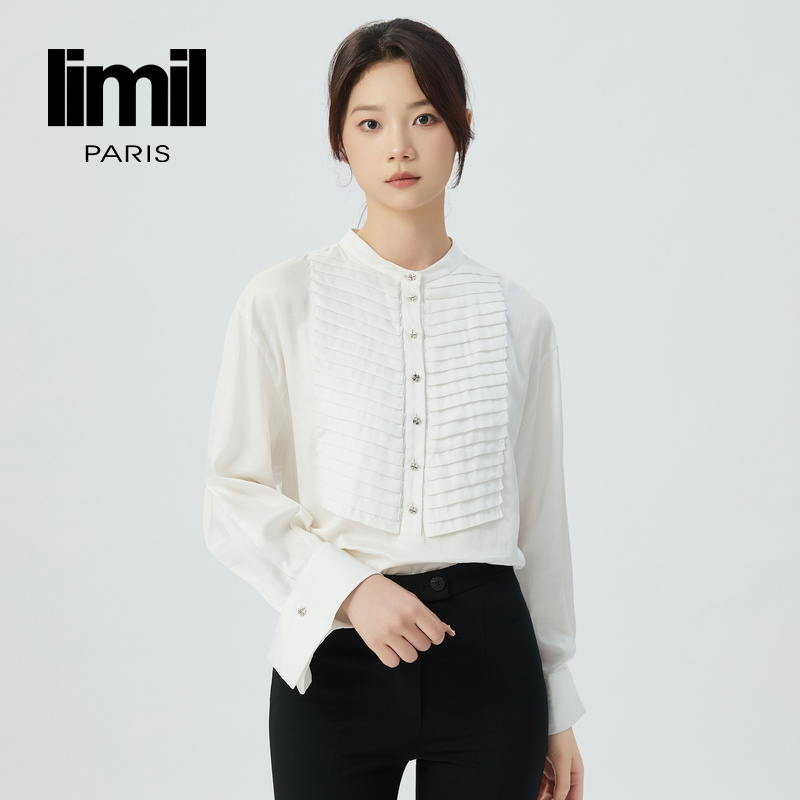 丽米儿limil 圆领压褶排扣经典素色白衬衫9300038