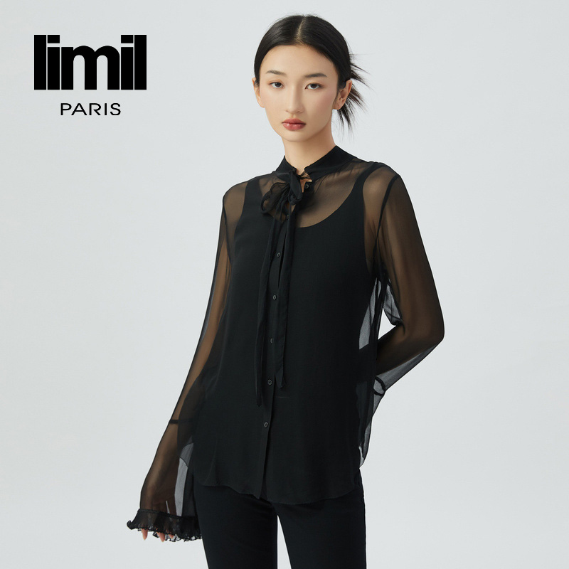 丽米儿limil 通透感小立领飘带木耳花边袖衬衫9300040