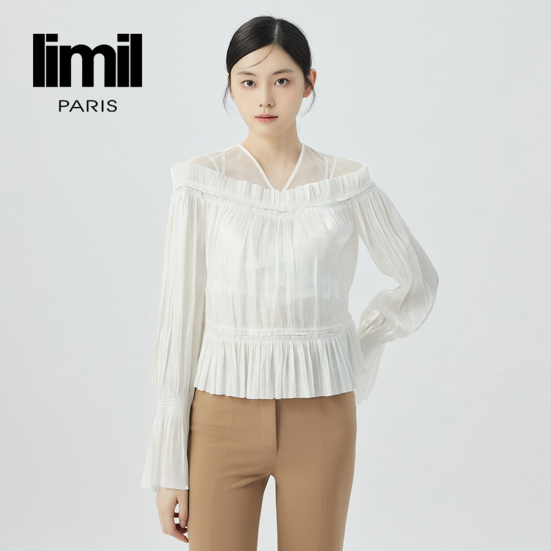 丽米儿limil 质感通勤V领光泽感压褶长袖衬衫9300055