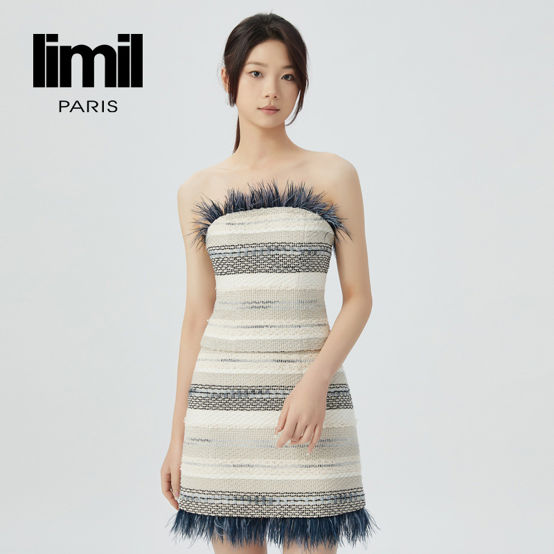丽米儿limil 小香风花呢拼色羽毛抹胸上衣9300072
