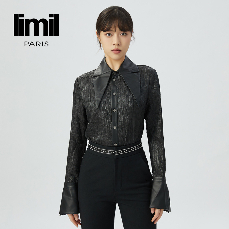 丽米儿limil 高级款尖领拼皮收腰修身款衬衫9300099