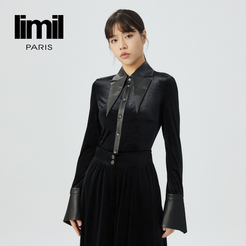 丽米儿limil 高级款丝绒羊皮领修身衬衫9300099