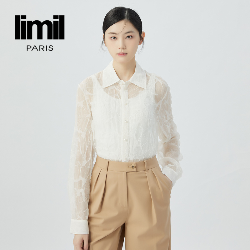 丽米儿limil 白色乱褶桑蚕丝长袖衬衫9300115
