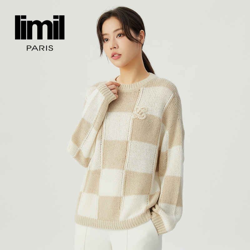 丽米儿limil 精美钻钻章仔慵懒风棋盘格羊毛圆领针织9399065