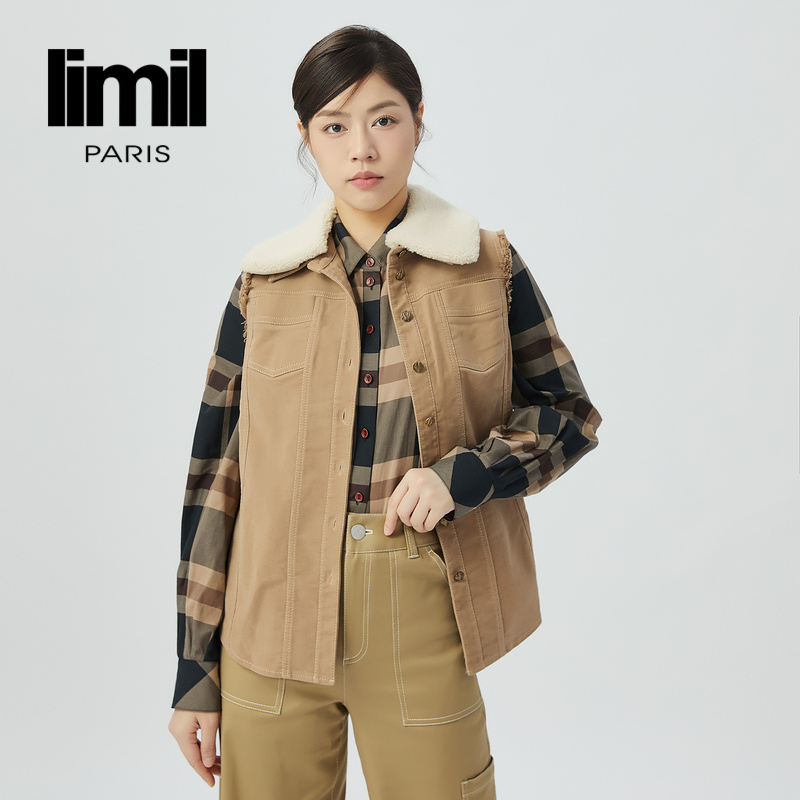 丽米儿limil 复古工装风马甲9400029 附毛领