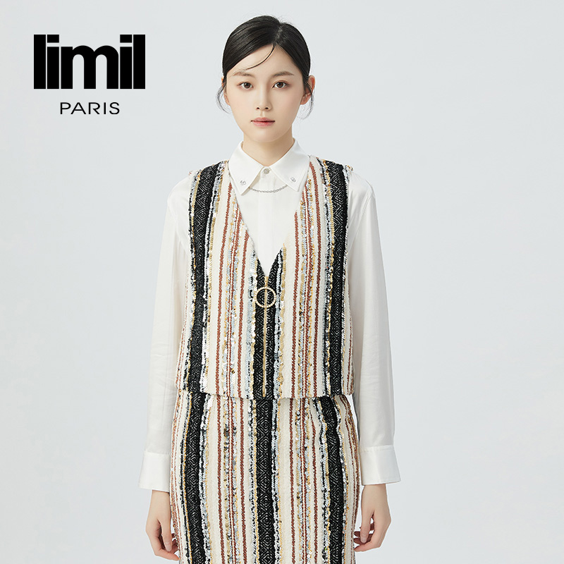 丽米儿limil 重工珠片撞色短款拉链无袖造型马甲9400050
