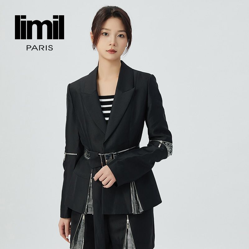 丽米儿limil 潮牌黑银镭射垫肩宽松西服附腰带9400096