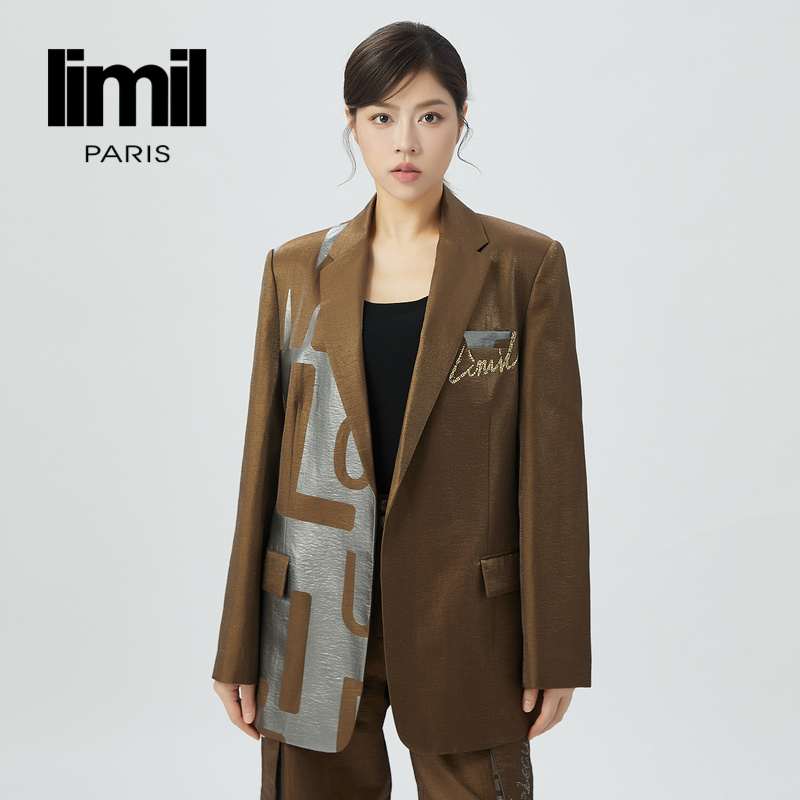 丽米儿limil 不对称印花垫肩廓形西装9400105
