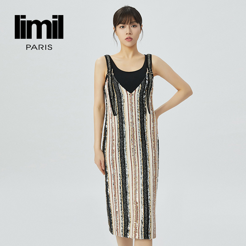 丽米儿limil 重工珠片撞色可调节背带连衣裙9500019
