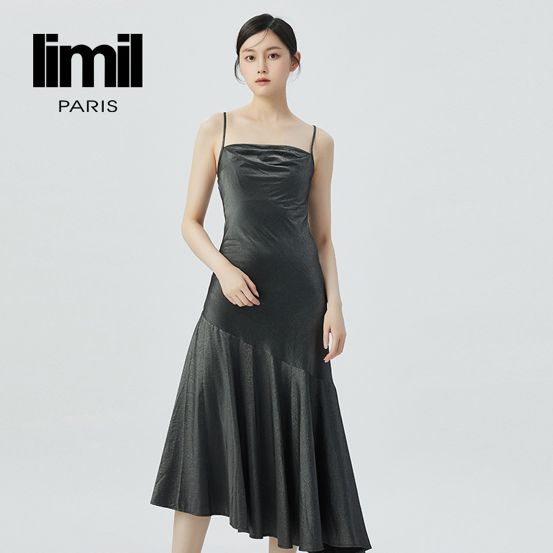 丽米儿limil 高级款荡领吊带不规则长款连衣裙9500031