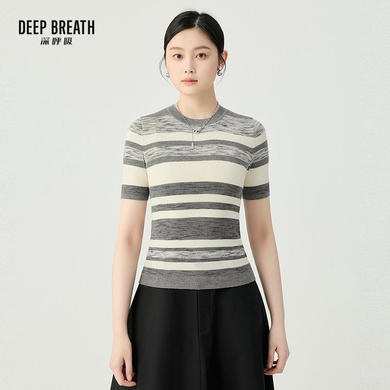 DEEP BREATH深呼吸女装 简约彩条拼色半袖针织衫条纹A301202