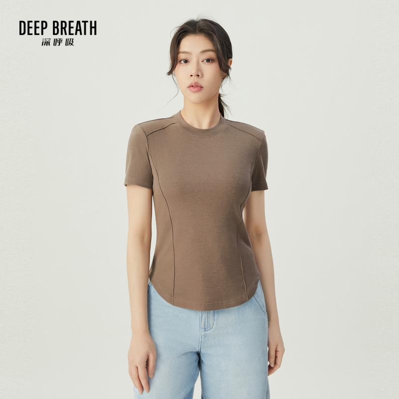 DEEP BREATH深呼吸女装 休闲垫肩圆领收腰短袖修身纯色T恤A301452