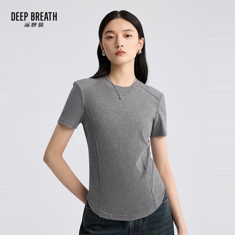 DEEP BREATH深呼吸女装 休闲垫肩圆领收腰短袖修身纯色T恤A301452