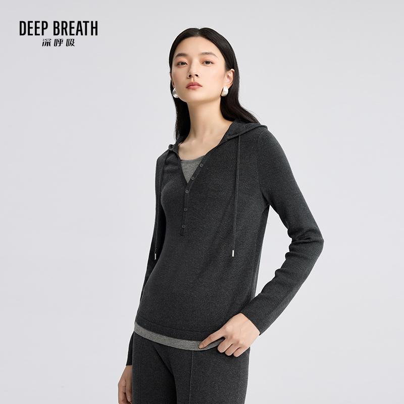 DEEP BREATH深呼吸女装 简约连帽拼色假两件葱纱套头针织衫A301798