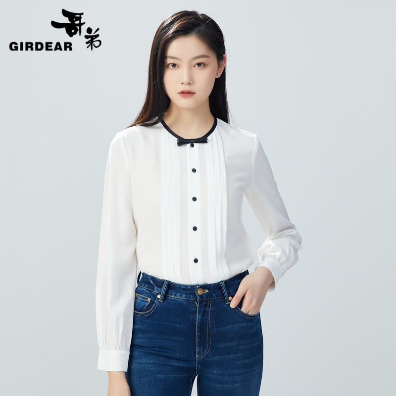 哥弟 撞色蝴蝶结压褶设计衬衫1300758