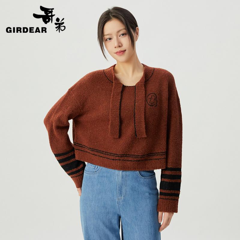 哥弟 慵懒学院美式复古造型领针织衫1399681
