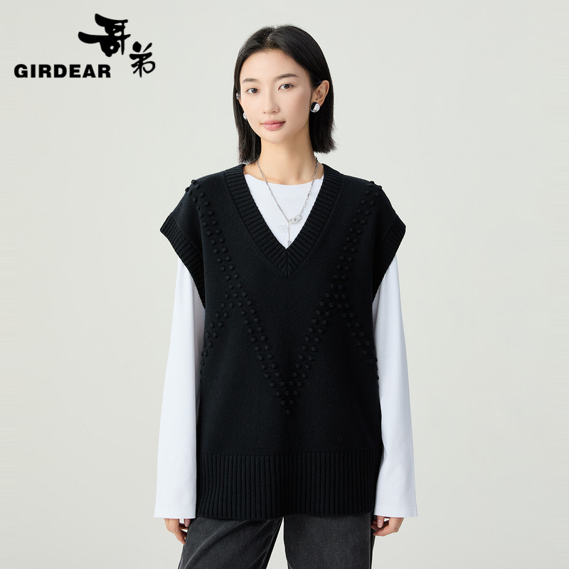 哥弟 简约V领宽松慵懒风造型羊毛马甲1399748