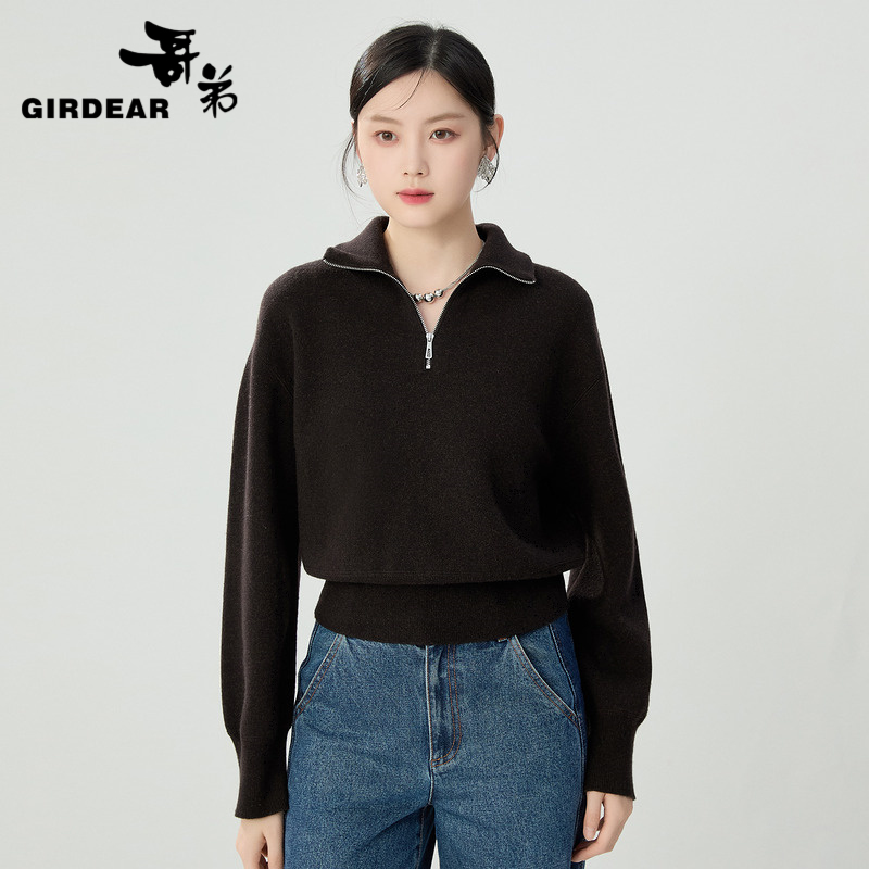 哥弟  女装长袖翻领半开襟拉链套衫1399749