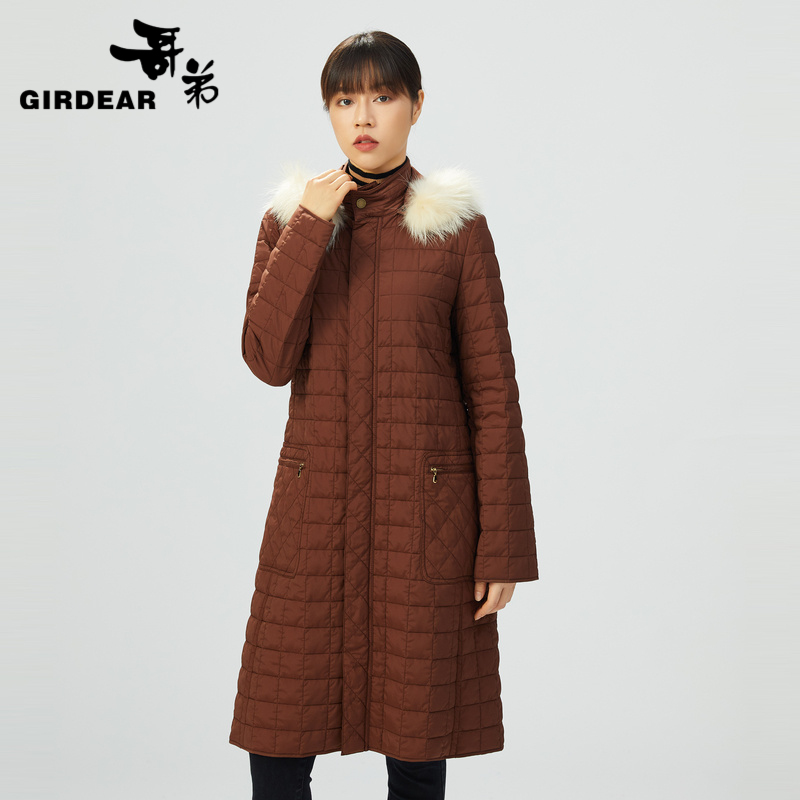 哥弟 连帽压线格纹过膝棉服1400471