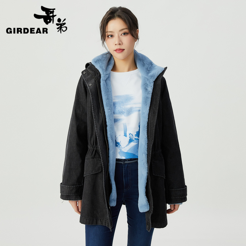 哥弟 可拆卸内胆环保皮草新雪丽工装风外套1400708
