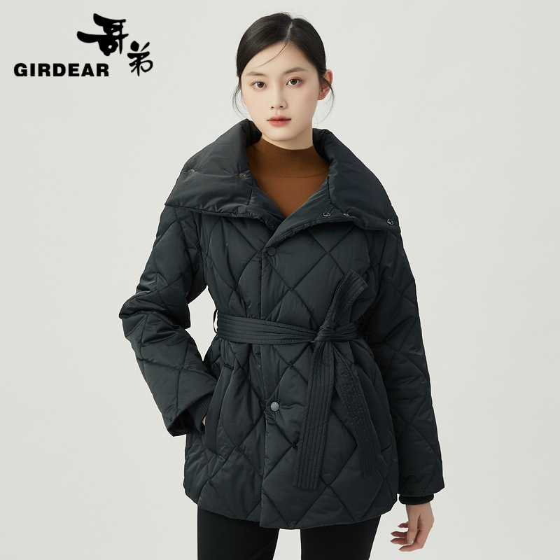 哥弟 高领系腰新雪丽绗缝暖冬棉服外套1400729