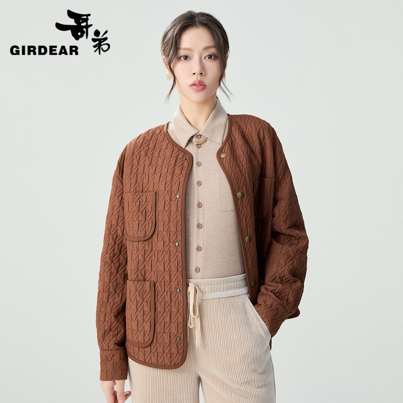 哥弟 气质口袋设计感圆领棉服外套1400767