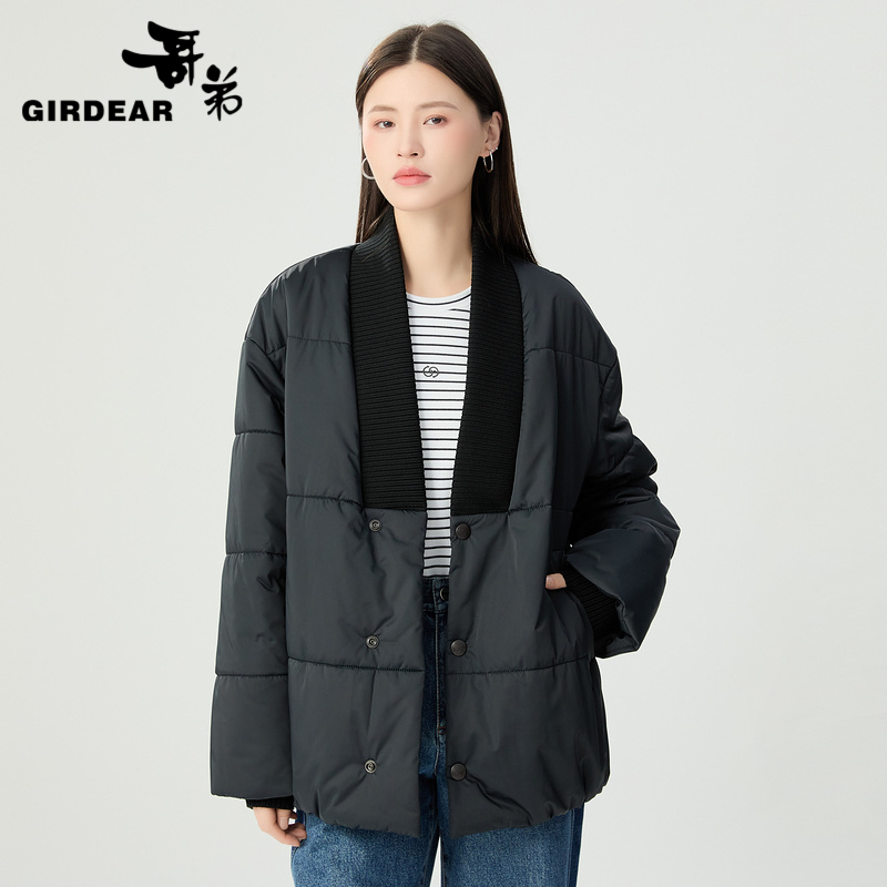 哥弟 造型感大V罗纹领棉服1400804