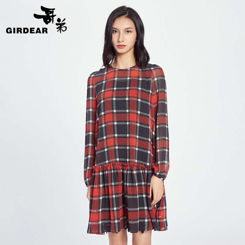 哥弟女装 格纹印花洋装1500244