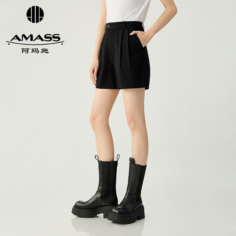 阿玛施AMASS 经典招牌款百搭高腰打褶宽腿短裤510001