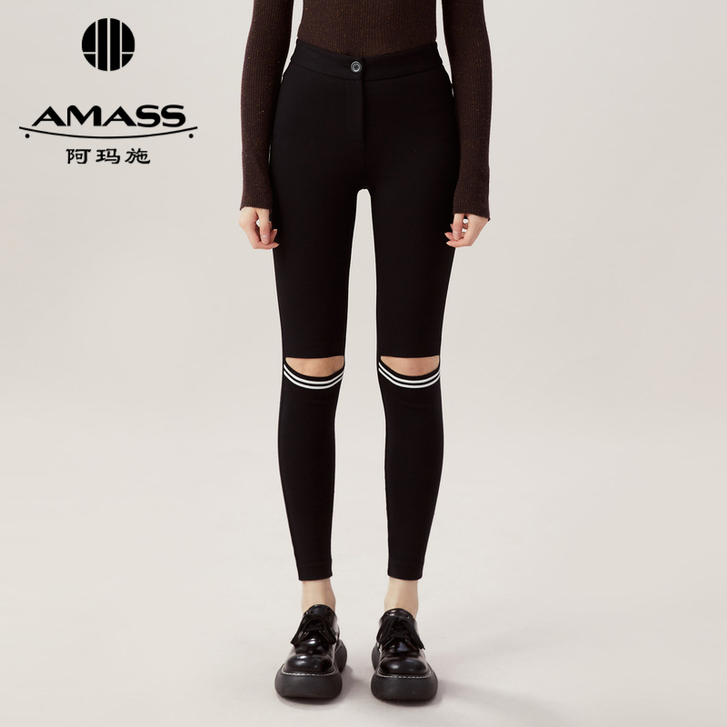 AMASS阿玛施 简约破洞瘦身小黑裤5100296