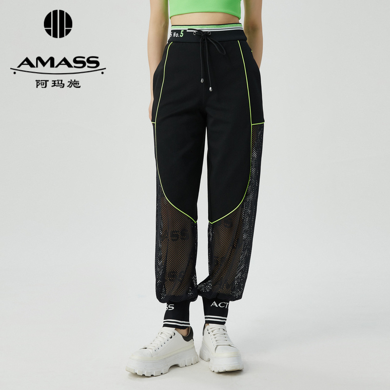 阿玛施AMASS松紧腰潮牌拼色束脚网格长裤5100395