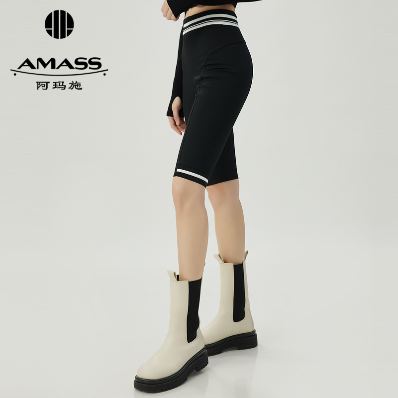 阿玛施AMASS新款中高腰拼接条纹修身中裤5100429