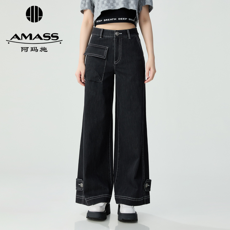 阿玛施AMASS 高街时尚复古休闲工装口袋剪刀裤宽腿牛仔长裤5100497