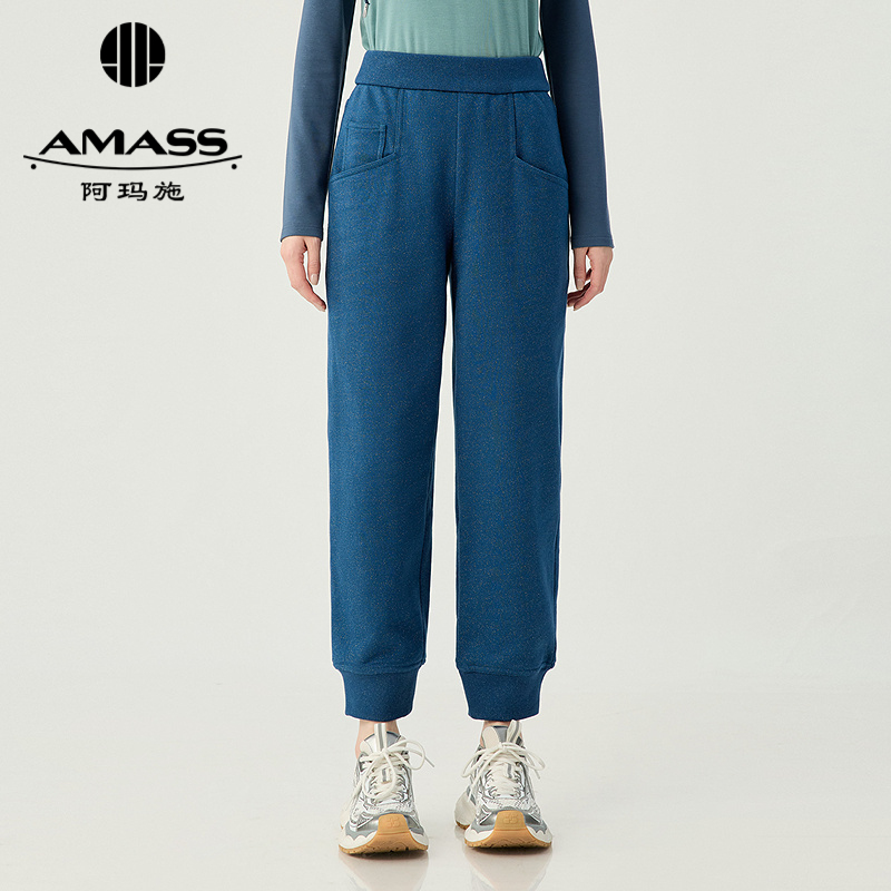 阿玛施AMASS 简约休闲运动细闪束脚工装裤九分裤5100526
