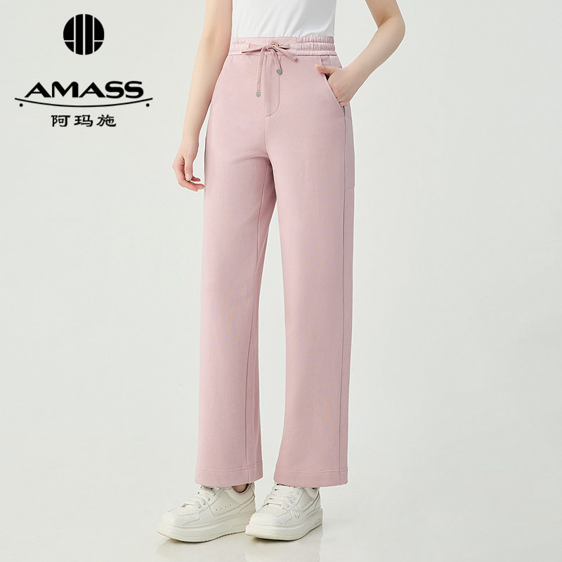 阿玛施AMASS 休闲拼接缎面质感抽身松紧腰长裤5100530