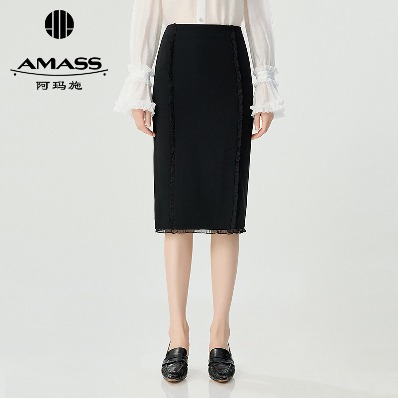 阿玛施AMASS 中长款高腰剪接荷叶开衩气质包裙520001
