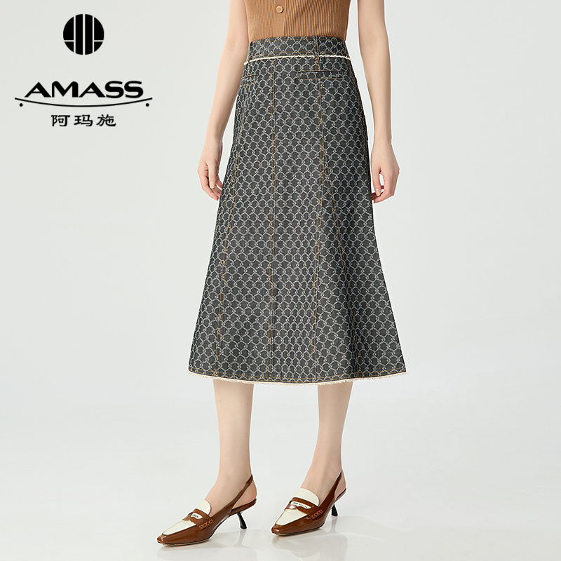 阿玛施AMASS 仿牛仔面料复古格纹八片鱼尾裙520003