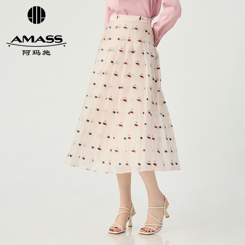 阿玛施AMASS 淡雅甜美花色高腰A字打褶提花半裙520006