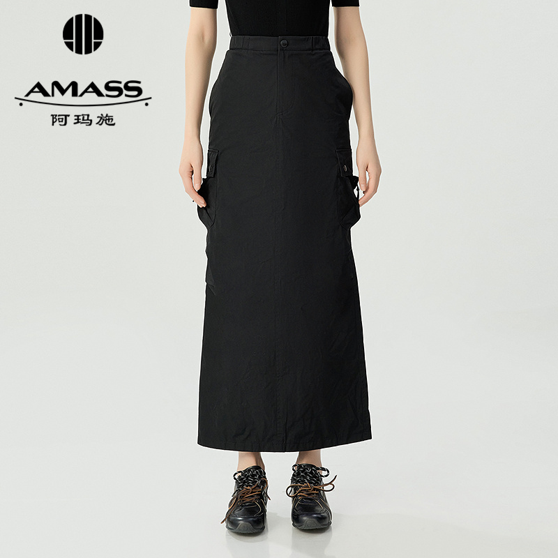 阿玛施AMASS 户外山系设计感抽绳褶皱后开叉工装长半裙520007