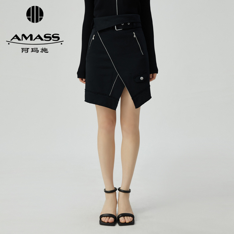 阿玛施AMASS 中高腰下摆不对称拉链拼接短裙5200210