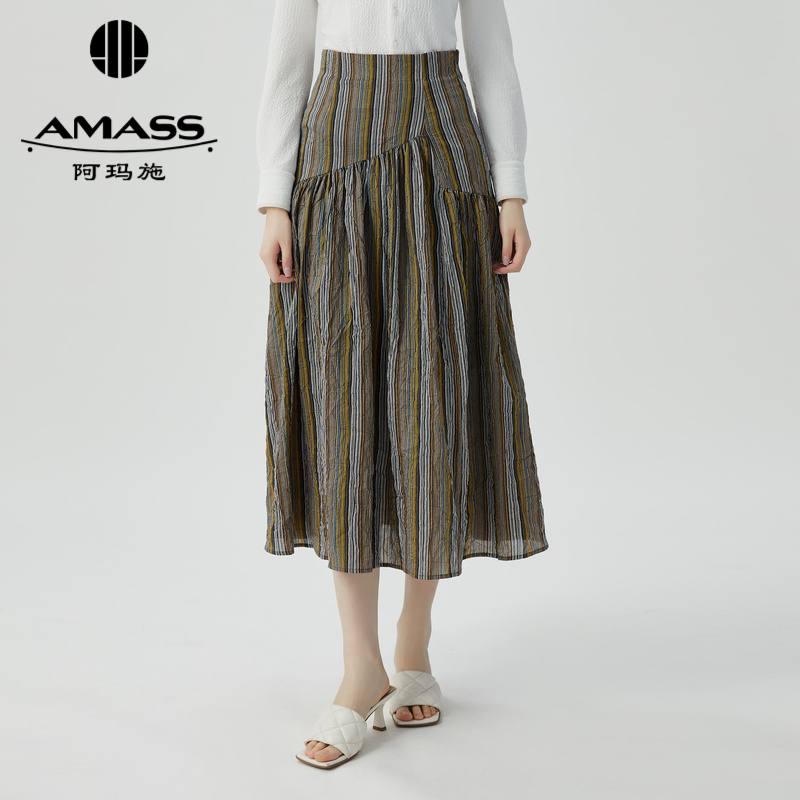 AMASS阿玛施 高腰褶皱肌理感A型条纹半身裙5200349